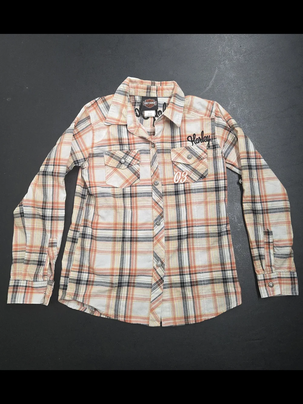 Harley-Davidson Kids Plaid Button-Down Shirt in Orange, Cream & Black